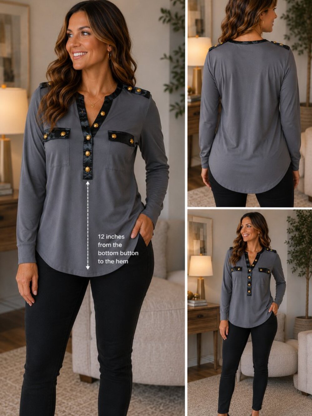 Carmen Marc Valvo Women’s Small Gray Black Gold Button Military Tunic Top qp